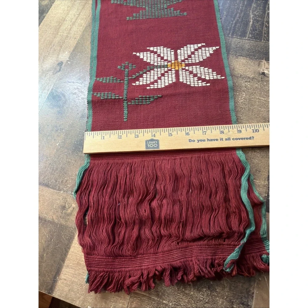 Vintage Christmas Woven Folk Art Table Runner Red‎ Green Poinsettia Candle 9x74